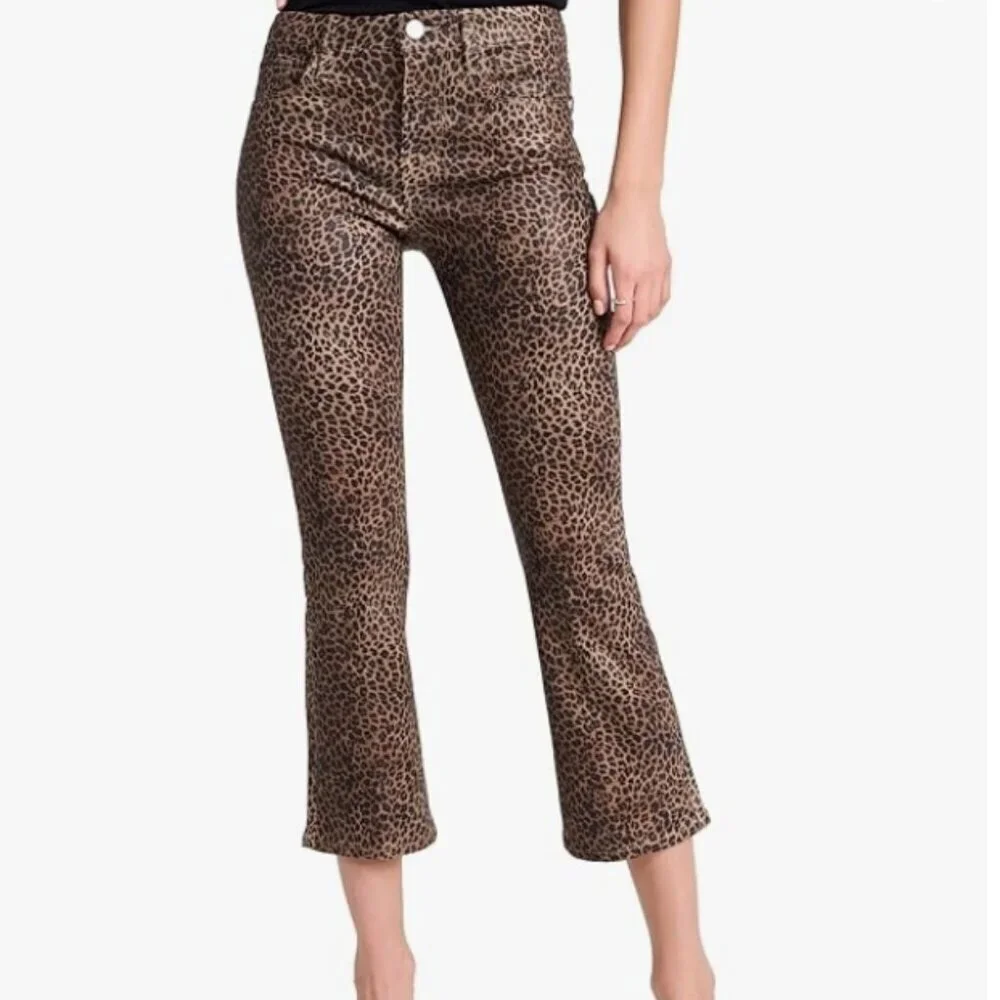 FRAME Le Crop Mini Mid-Rise Coated Bootcut Jeans Leopard 26 NWT